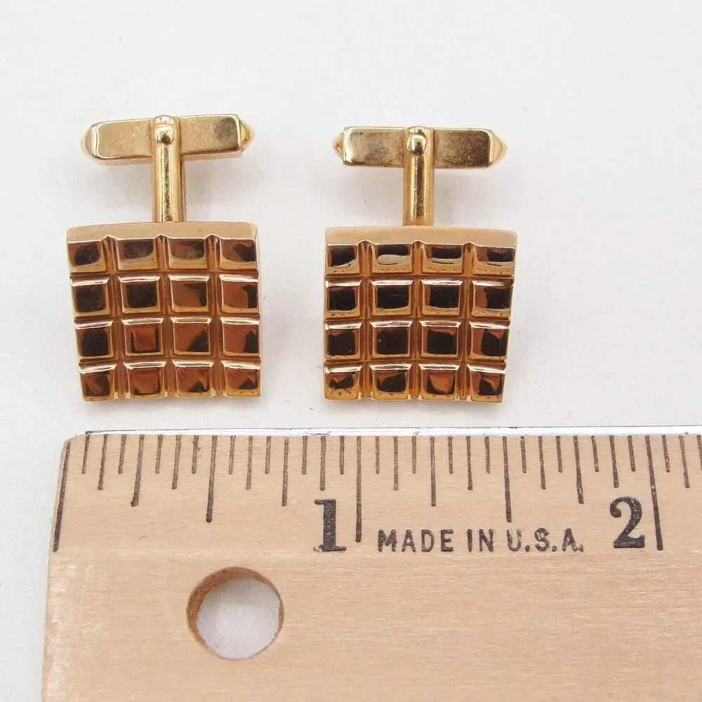 Vintage Swank Gold Tone Waffle Square Cufflinks Geometric Grid Block Pattern MCM